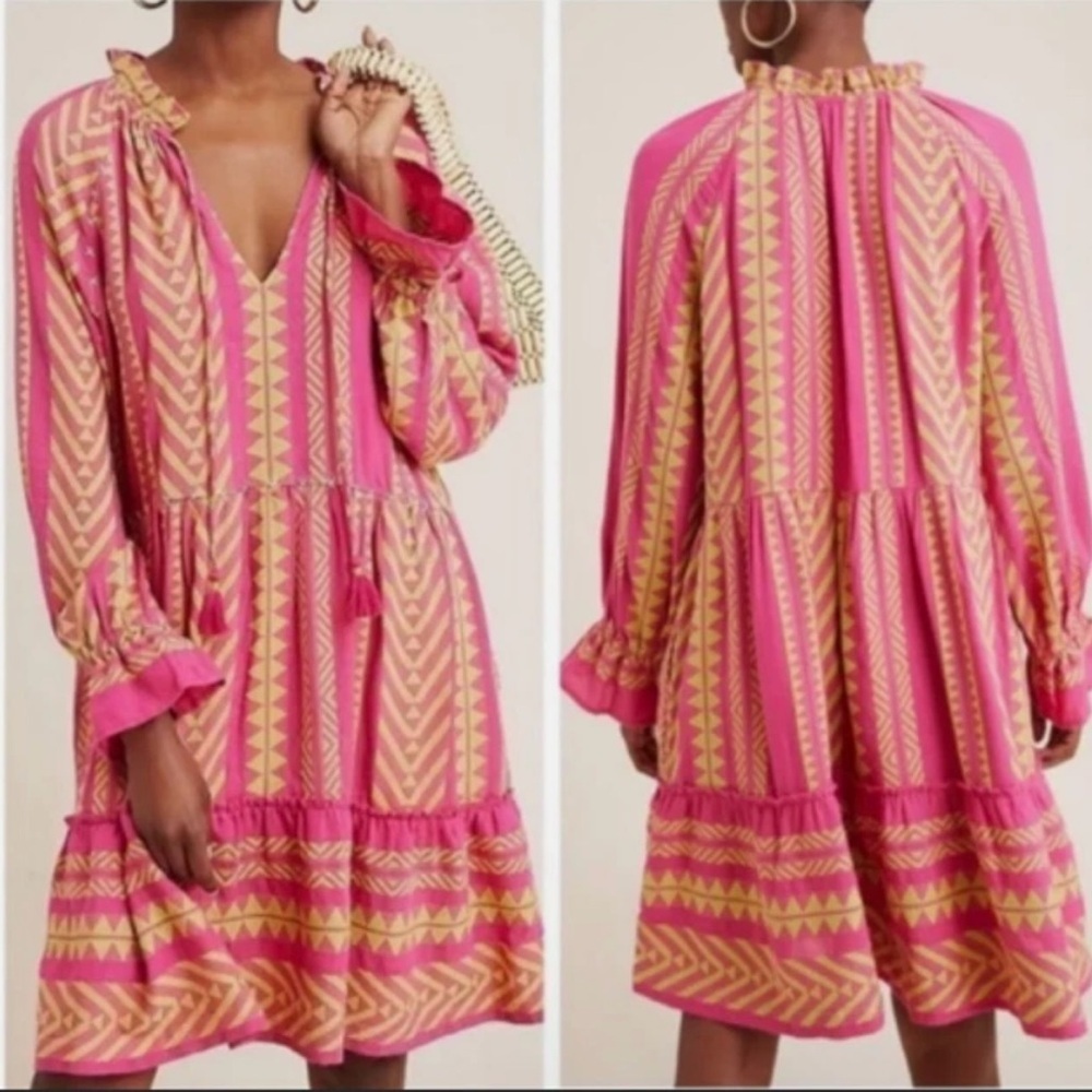 Maeve Valentina Tunic Dress Anthropologie Hippie Boho XS Pink Abstract